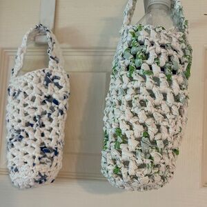 Handmade Crochet Bottle Holders — White with Green & White with Blue Accents